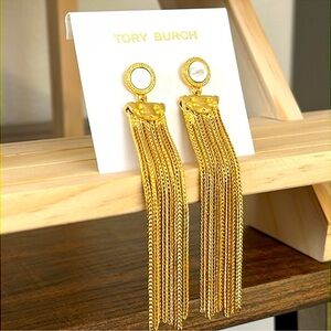 🎁 Tory Burch mother pearl gold long dangle chandelier fringe earrings NWT $129